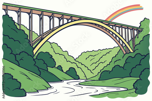 Arch bridge over green valley and river with rainbow