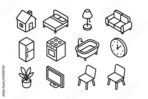 Isometric home furnishings and appliances collection in black and white