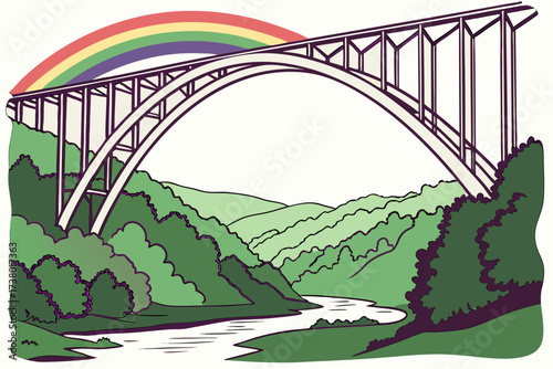 Arch bridge over green valley with rainbow vector