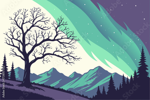 Aurora borealis over silhouetted mountains and bare tree