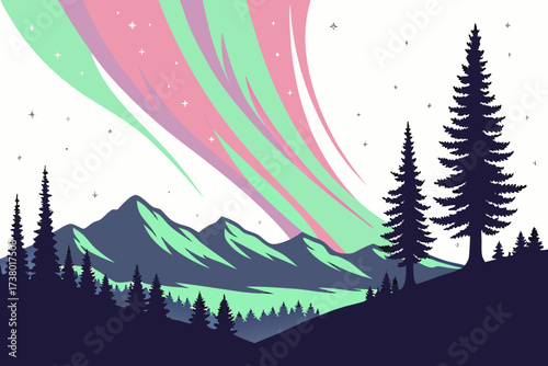 Aurora borealis over silhouetted mountains and pine trees