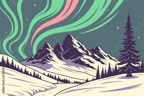 Aurora Borealis over snow covered mountains and pine trees 1
