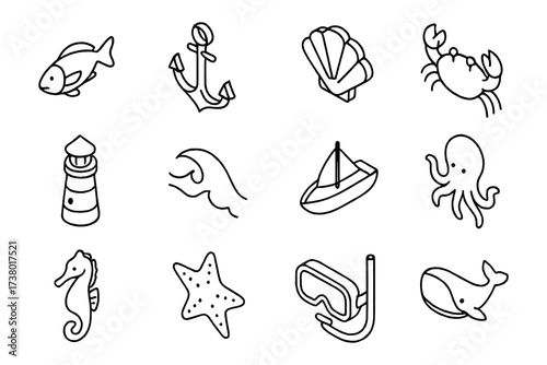 Nautical line art icons: marine life, adventure, and ocean elements