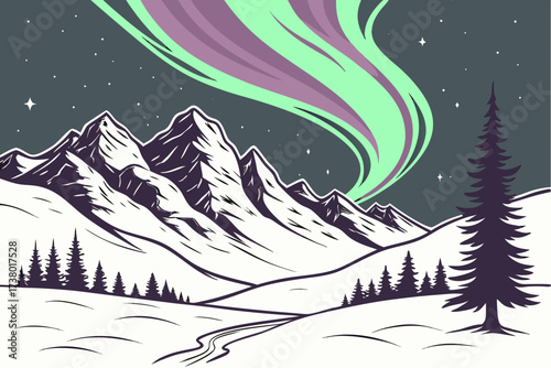 Aurora borealis over snow covered mountains and pine trees