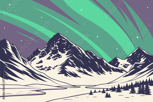 Aurora borealis over snow covered mountains and pine trees 2