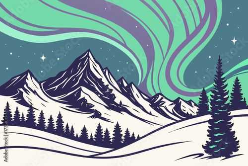 Aurora borealis over snow covered mountains and pine trees 3