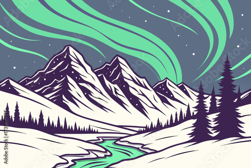 Aurora borealis over snow covered mountains and river