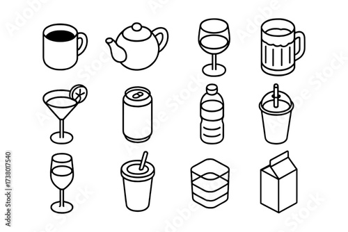 Isometric beverage icons: tea, coffee, cocktails, and more