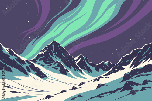 Aurora borealis over snow covered mountains art northern lights
