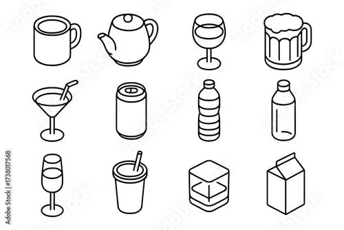 Isometric black and white beverage and drinkware icons set