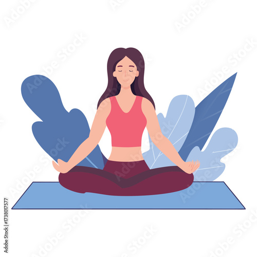 Woman practicing yoga meditation in lotus pose with plants