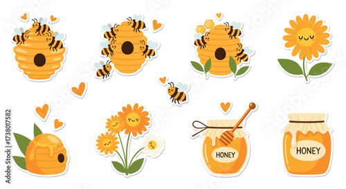 Cute bees and honey themed stickers for crafting and decoration projects.