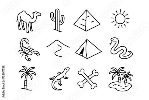Minimalist desert icons: camels, cacti, pyramids, and more in simple line art