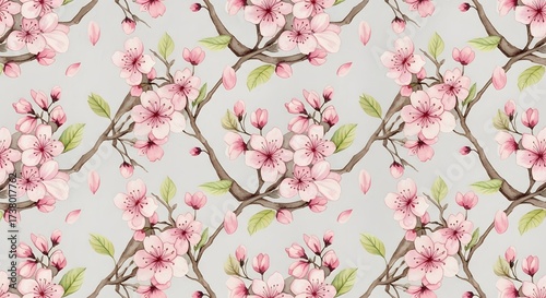 Delicate watercolor cherry blossom branches with falling petals on a textured background