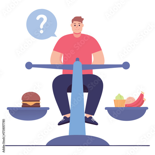 Man sitting on a scale choosing between healthy food and junk food