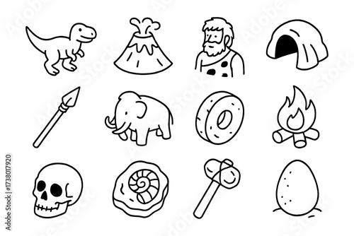 Prehistoric outline icons featuring dinosaurs, cavemen, and ancient tools