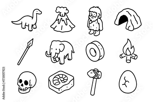 Caveman era icons: prehistoric symbols including dinosaurs, mammoths, and volcanoes