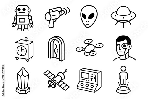 Futuristic outline icons collection featuring robots, spaceships, and alien technology