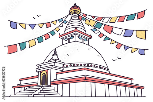 Buddhist stupa with colorful prayer flags and birds