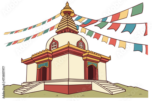 Buddhist stupa with colorful prayer flags art colorful flags