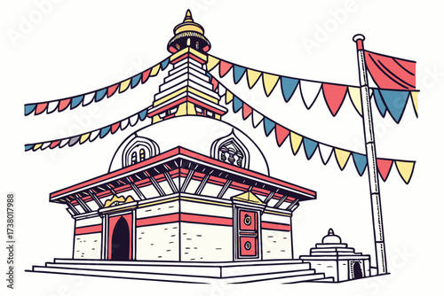 Buddhist stupa with colorful prayer flags and flagpole