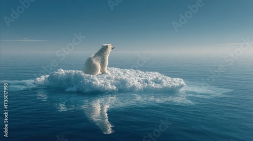 A polar bear sits alone on a melting iceberg in a blue, open ocean. It visualizes climate change's impact, suitable for environment themes.