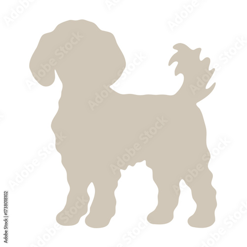 Silhouette of a small dog with curly tail and fluffy fur standing on a white background in a simple style
