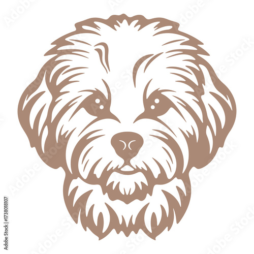 Illustration of a stylized dog head with fluffy fur and expressive eyes in a light brown color tone