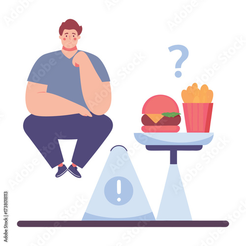 Man contemplating unhealthy food choices on a scale with a question mark