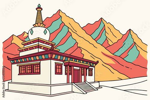 Buddhist temple with colorful mountain backdrop illustration