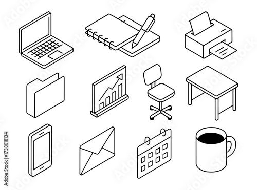 Isometric office essentials: desk, laptop, and stationery icons for business and productivity