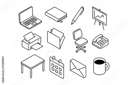 Isometric office essentials: icons of workstations, tools, and productivity