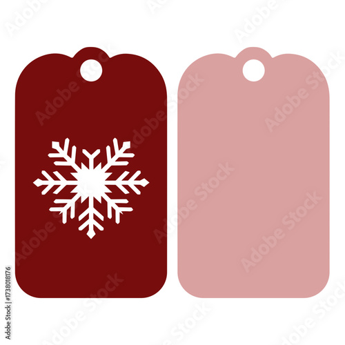 Two gift tags one red with a snowflake and the other pink with rounded corners and a hole at the top