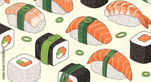 A delightful pattern of various sushi and maki rolls featuring fresh fish and seafood.