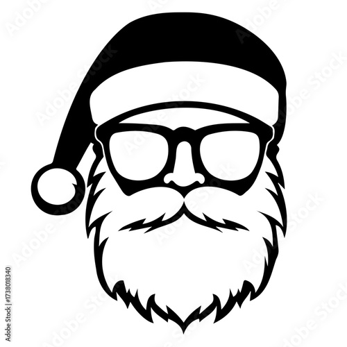 Santa claus face with glasses and hat in black and white simple design for christmas celebration holiday