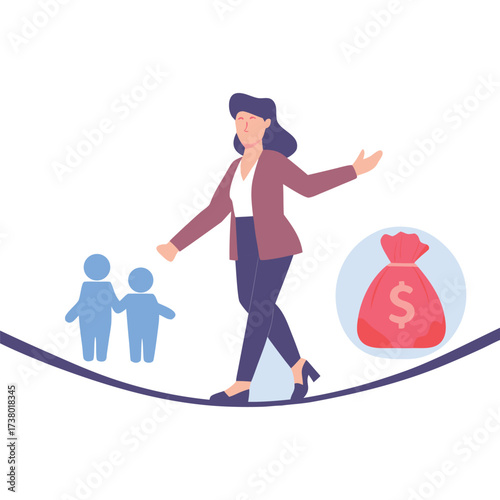 Woman balancing on tightrope between family and money bag