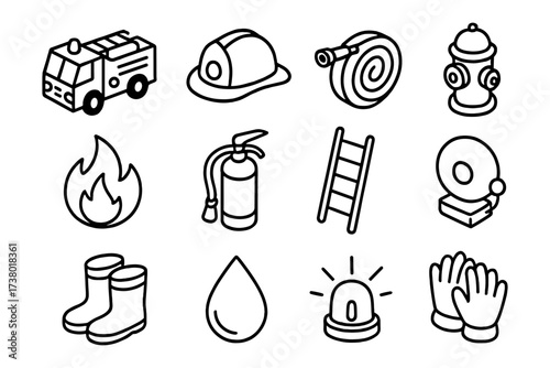 Essential firefighting icons set in simple black and white linear style