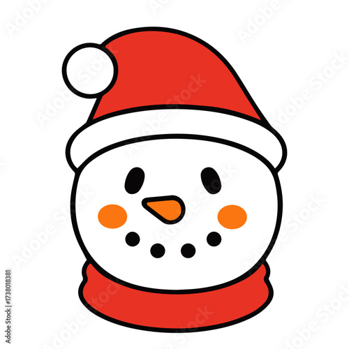 Illustration of a cute snowman head with a red santa hat and scarf on a white background design style