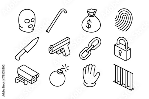Crime and security icons set: outline style for digital use