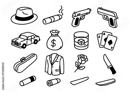 Crime noir elements: hat, smoking, pistols, money bag, cards, rose, knife, suit