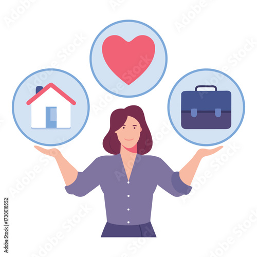 Woman balancing work life and personal life with icons representing home love and career