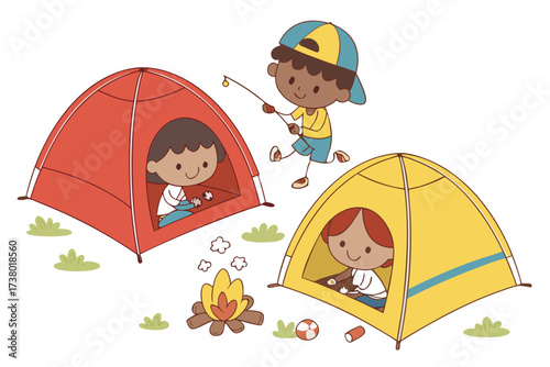 Children camping with colorful tents and campfire outdoors
