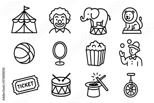 Circus icons collection featuring clown, elephant, lion, and juggler in bold outline style