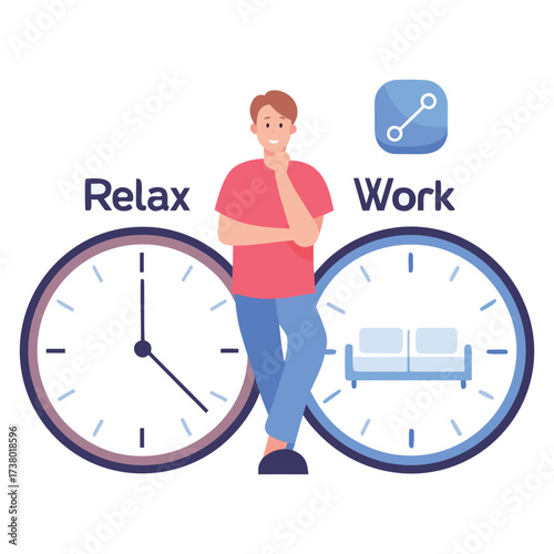 Man choosing between relaxation and work with two clocks