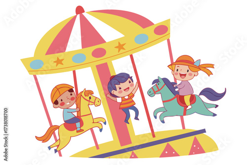 Children riding colorful carousel horses ride amusement park