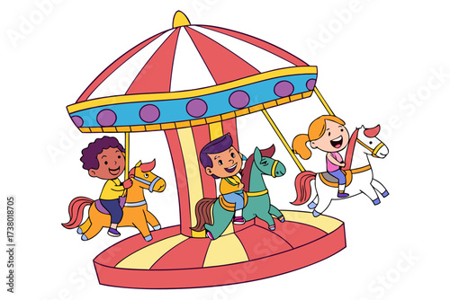 Children riding colorful carousel horses on white background