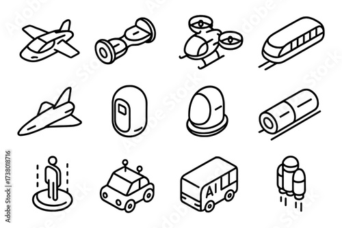 Futuristic transportation icons in linear style