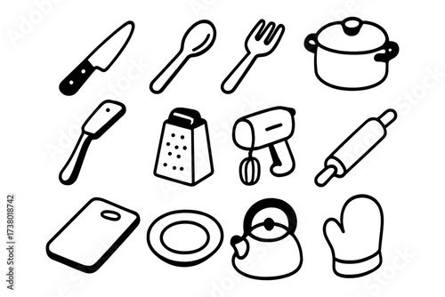Simple black and white kitchen utensils icons for cooking projects