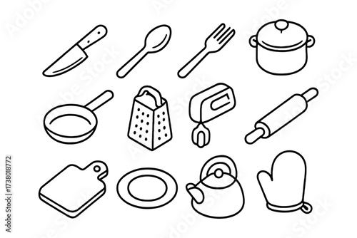 Minimalist kitchen utensils: line art collection of essential cooking tools