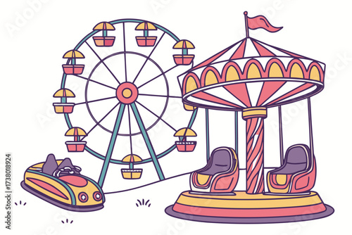 Colorful amusement park rides on white background carnival